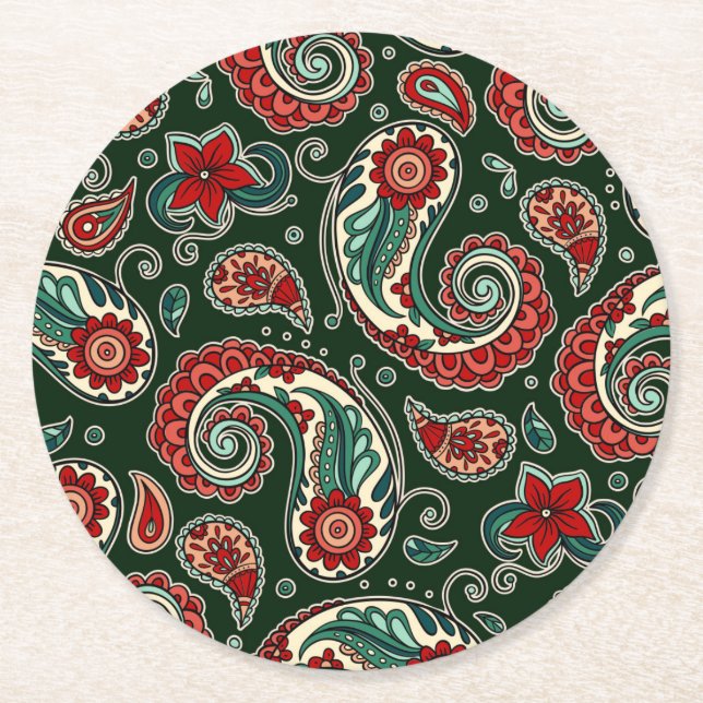Posavasos de papel estampado con paisley rojo y ve (Anverso)