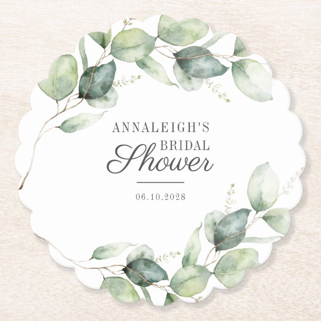 Posavasos De Papel Eucalyptus Greenery Botanic Script Bridal Shower (Anverso)