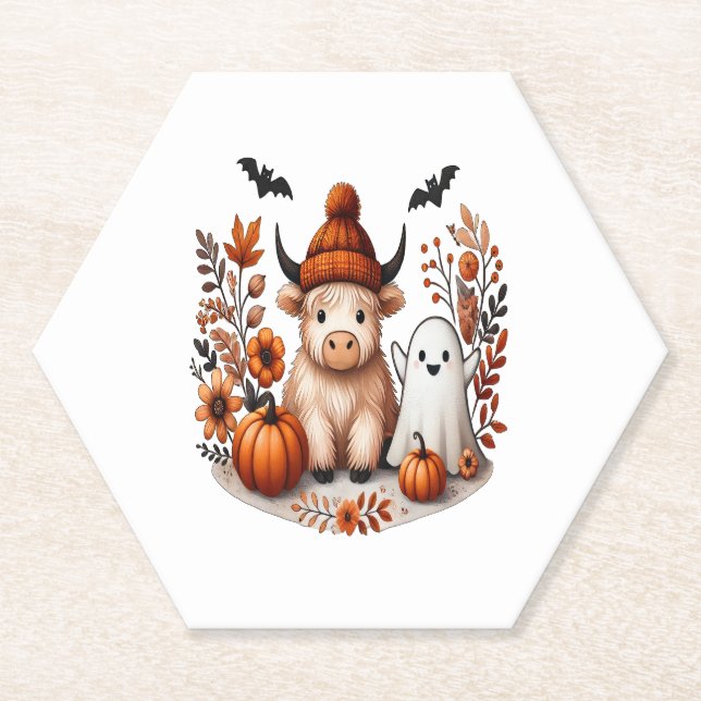 Posavasos De Papel Fall Highland Cow Ghost , Otoño (Anverso)