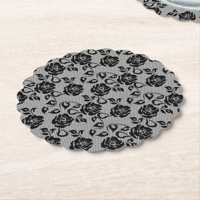 Posavasos De Papel Faux Black Lace Rosas Fisher Paper Coaster (En perspectiva)