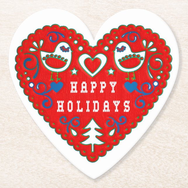 Posavasos De Papel Felices Fiestas Corazón de Arte Popular Rojo (Anverso)