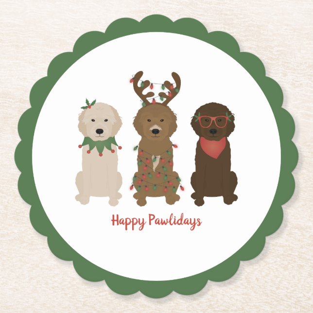 Posavasos De Papel Felices Pawlidays Luces de Navidades Goldendoodle (Anverso)