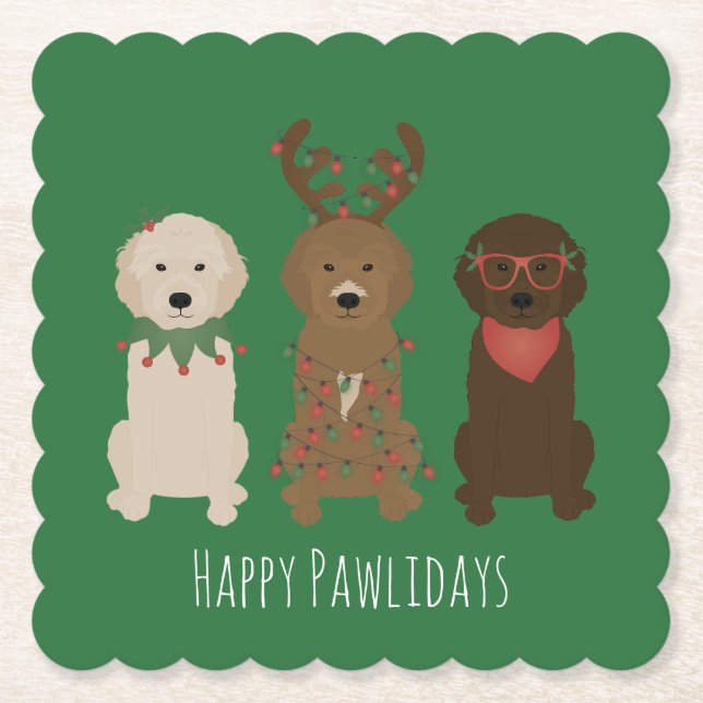 Posavasos De Papel Felices Pawlidays Luces de Navidades Goldendoodle (Anverso)