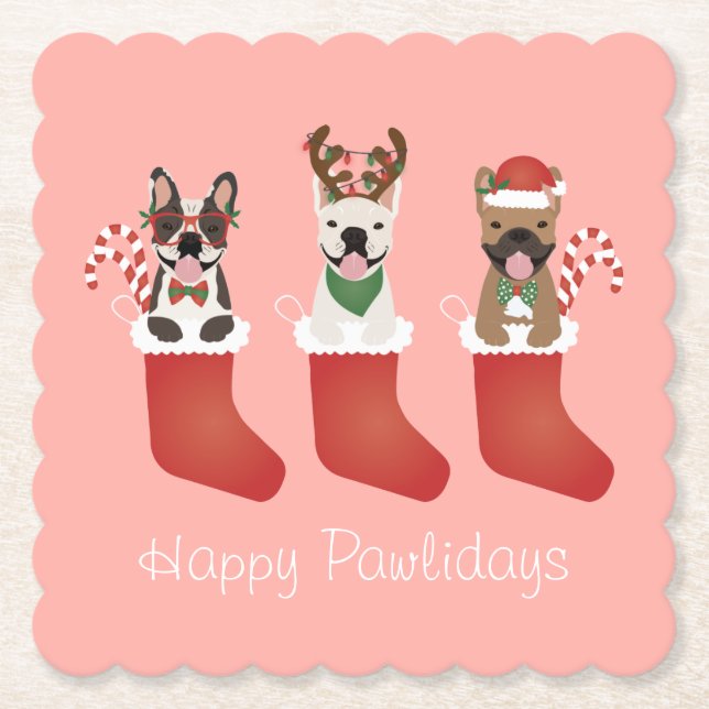Posavasos De Papel Felices Pawlidays Navidades de Bulldoges franceses (Anverso)