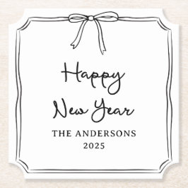 Posavasos De Papel ¡Feliz Año Nuevo! Bow blanco y negro personalizado