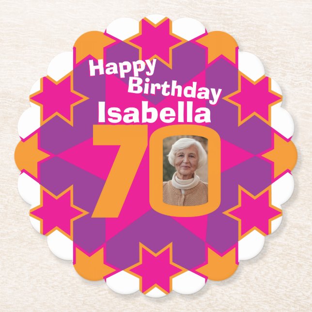 Posavasos De Papel Feliz cumpleaños 70º nombre y fotos de las taras d (Anverso)