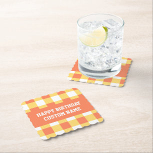 Posavasos De Papel Feliz cumpleaños amarillo gingham