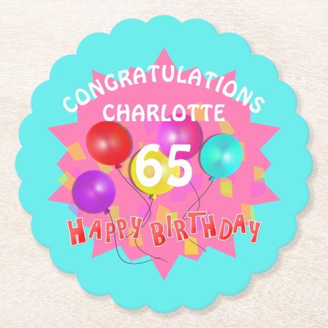 Posavasos De Papel Feliz cumpleaños, diversión 65° hito personalizado (Anverso)