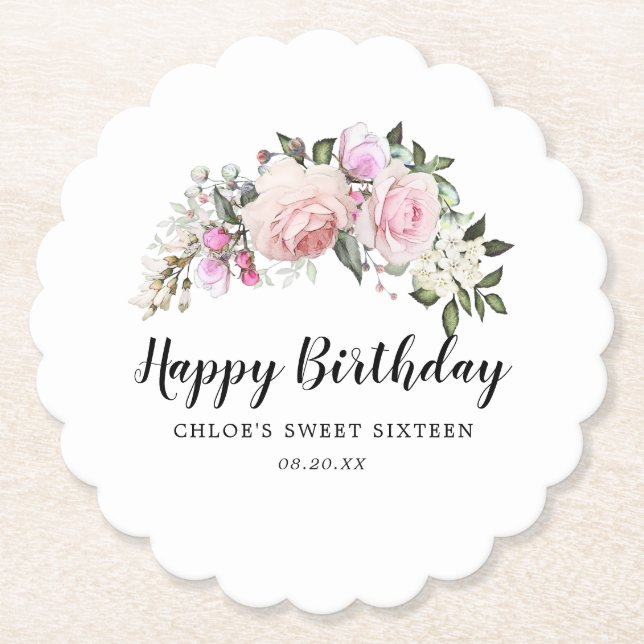 Posavasos De Papel Feliz cumpleaños Floral blanca rosada (Anverso)