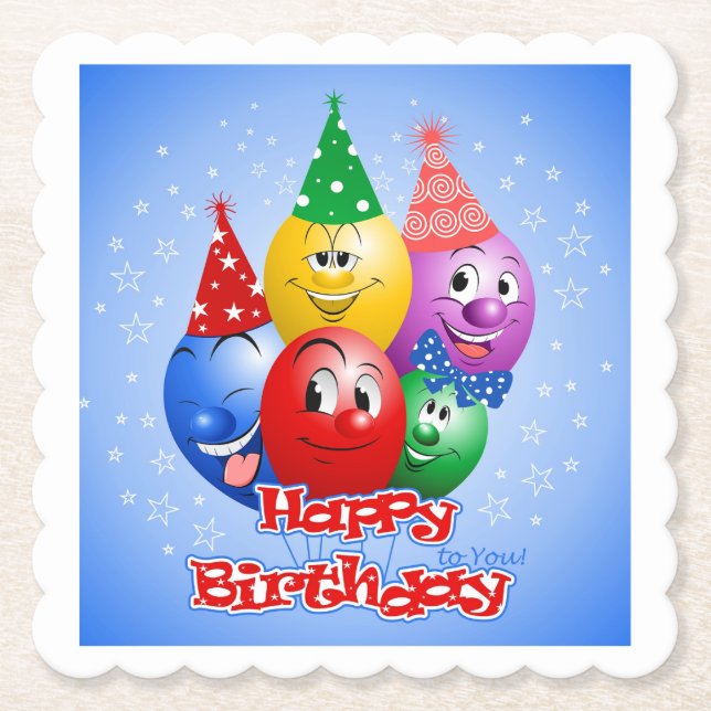 Posavasos De Papel Feliz Cumpleaños, Globos Divertidos, (Anverso)