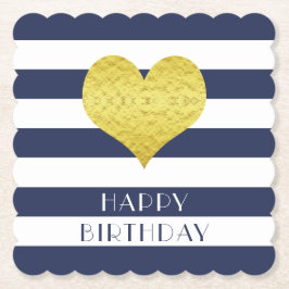Posavasos De Papel Feliz cumpleaños Gold Heart Blue White Stripes