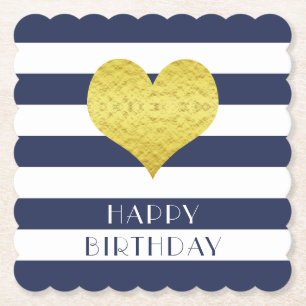 Posavasos De Papel Feliz cumpleaños Gold Heart Blue White Stripes