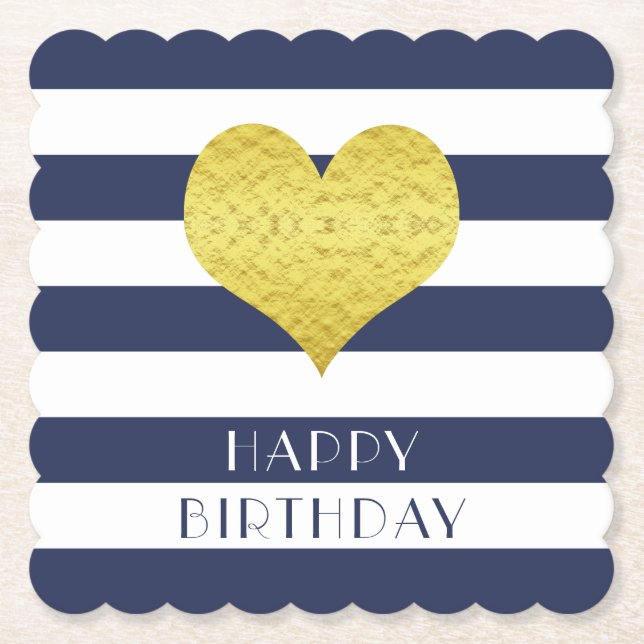 Posavasos De Papel Feliz cumpleaños Gold Heart Blue White Stripes (Anverso)