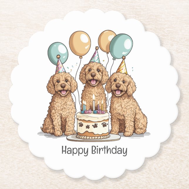 Posavasos De Papel Feliz cumpleaños Goldendoodle Dogs (Anverso)