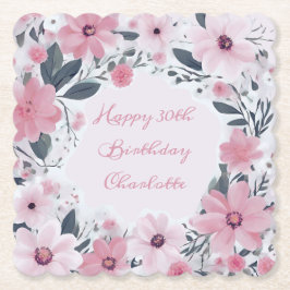 Posavasos De Papel Feliz cumpleaños nombre flores rosadas Pastel | Fl