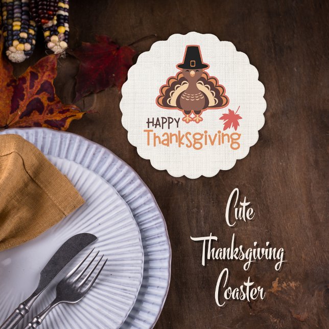 Posavasos De Papel Feliz Día de Acción de Gracias Peregrina Turquía (Happy Thanksgiving Cute Pilgrim Turkey Paper Coaster)