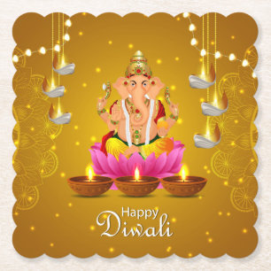Posavasos De Papel Feliz Diwali con Diya, Rangoli y Ganesh