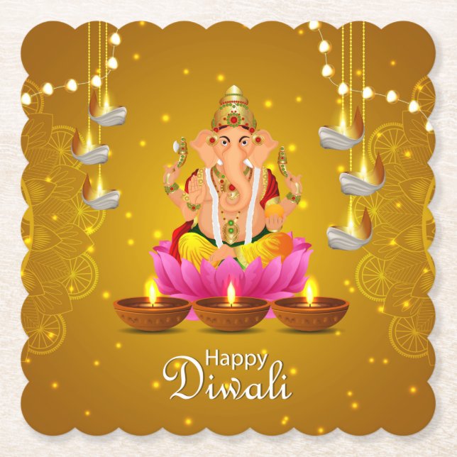Posavasos De Papel Feliz Diwali con Diya, Rangoli y Ganesh (Anverso)
