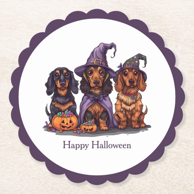 Posavasos De Papel Feliz Halloween Dachshund Perros Brujos (Anverso)