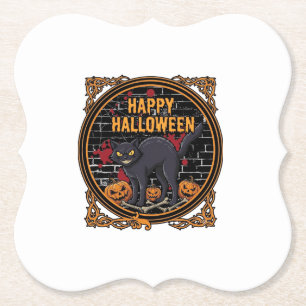 Posavasos De Papel Feliz Halloween Gato Negro Calabazas Huesos_1