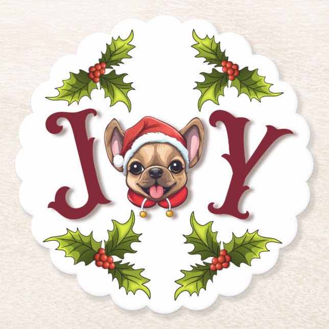 Posavasos De Papel Feliz Navidad Alegría lindo Bulldog francés holly (Anverso)