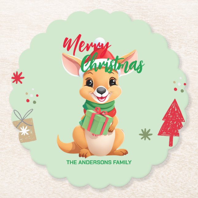 Posavasos De Papel Feliz Navidad Bebé Kangaroo Santa Scarf hol (Anverso)