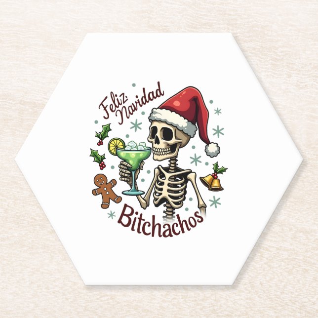 Posavasos De Papel Feliz Navidad Bitchachos Funny Skull Spanish Merry (Anverso)