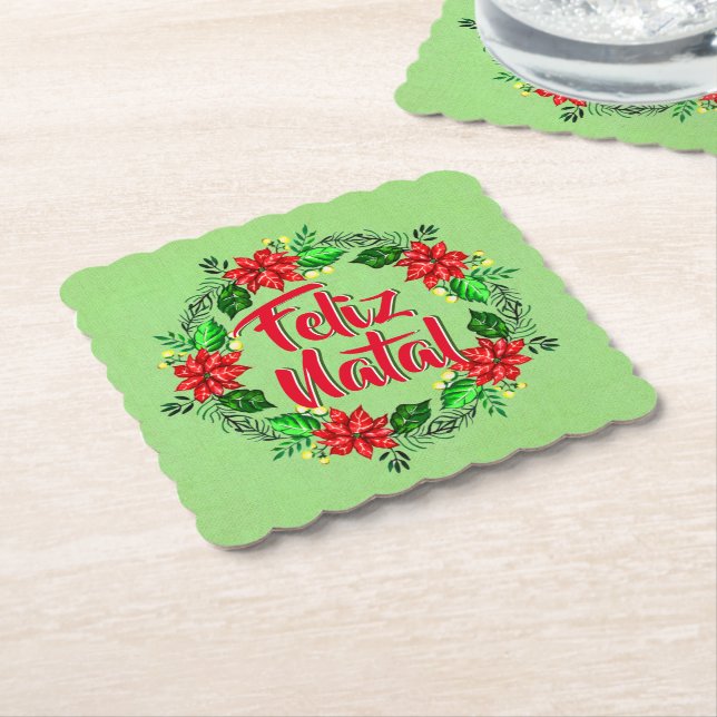 Posavasos De Papel Feliz Navidad en portugués navideña (En perspectiva)