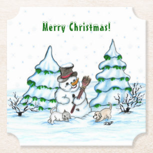 Posavasos De Papel ¡Feliz Navidad! Hombre de nieve con gato y cachorr
