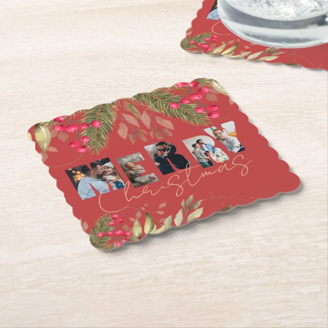 Posavasos De Papel Feliz Navidad Multi Photo Red Gold Fiesta (En perspectiva)