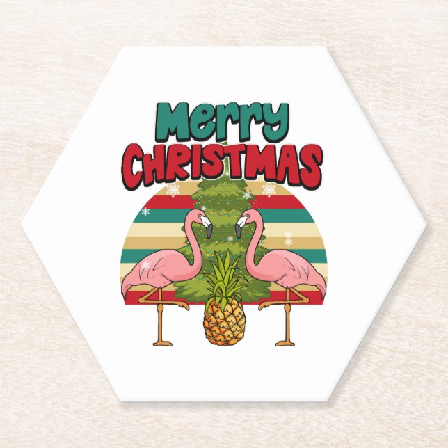 Posavasos De Papel Feliz Navidad Pineapple Xmas Tree Y Flamingos (Anverso)