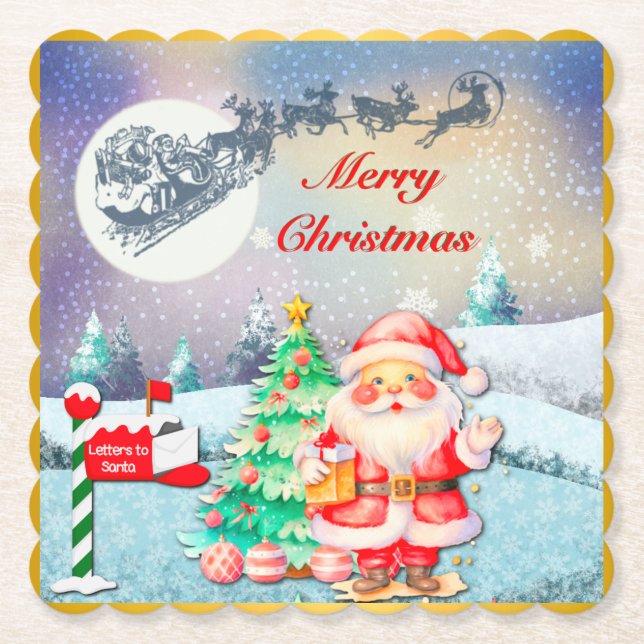 Posavasos De Papel Feliz Navidad Santa, Sleigh, reno, copo de nieve (Anverso)
