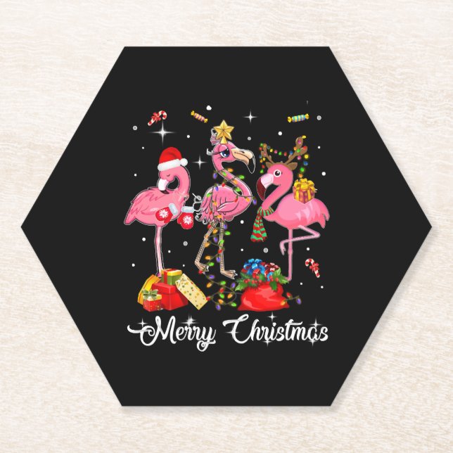 Posavasos De Papel Feliz Navidad Tres Flamingo Con Santa Hat (Anverso)
