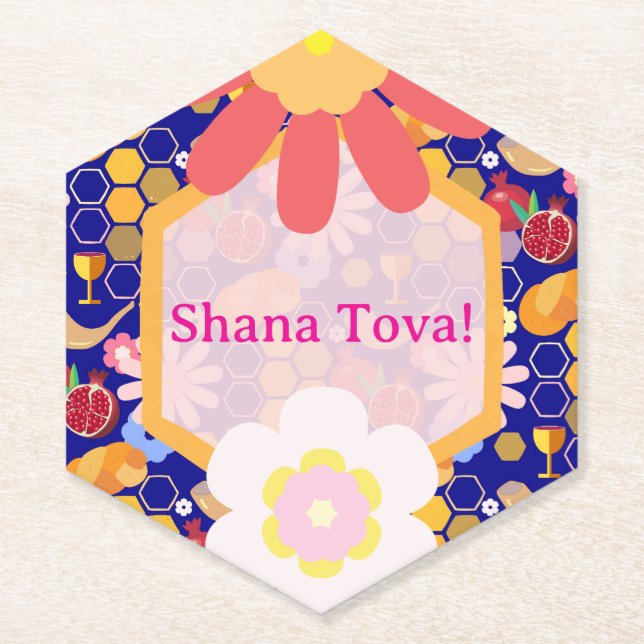 Posavasos De Papel Feliz Rosh Hashanah Patrón floral de Año Nuevo jud (Anverso)