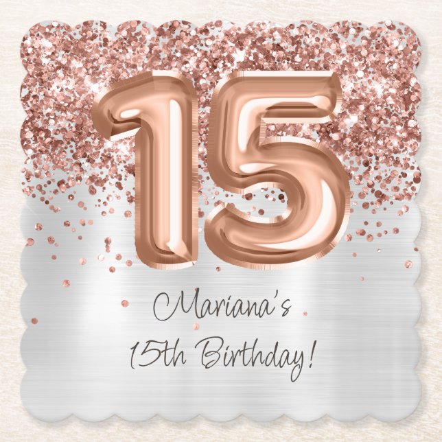 Posavasos De Papel Fiesta de cumpleaños 15 de Gold Silver Rosa (Anverso)