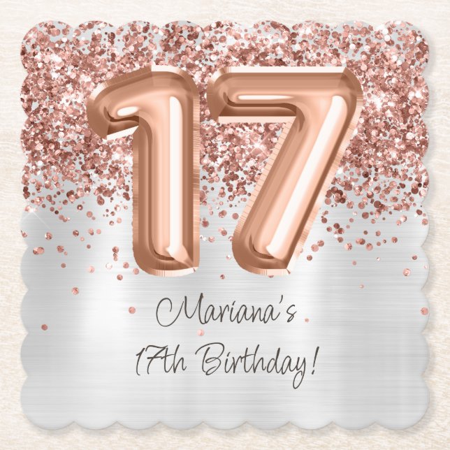 Posavasos De Papel Fiesta de cumpleaños 17 de Gold Silver Rosa (Anverso)