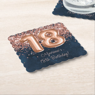 Posavasos De Papel Fiesta de cumpleaños 18 en rosa dorado y azul mari
