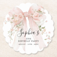 Fiesta de cumpleaños 25 con lazo rosa y rosas