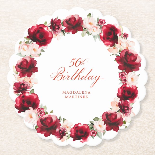 Posavasos De Papel Fiesta de cumpleaños 50 de Floral Rosa Roja person (Anverso)