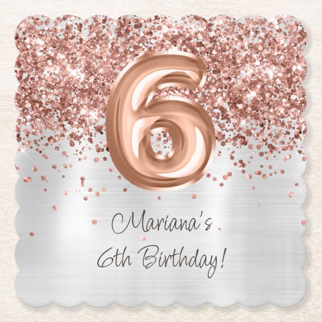 Posavasos De Papel Fiesta de cumpleaños 6º Rose Gold Silver (Anverso)
