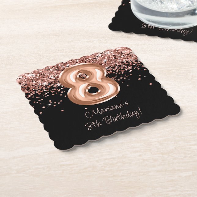 Posavasos De Papel Fiesta de cumpleaños 8 Rose Gold Black (En perspectiva)