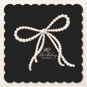 Posavasos De Papel Fiesta de cumpleaños 90 negro blanco lazo de perla