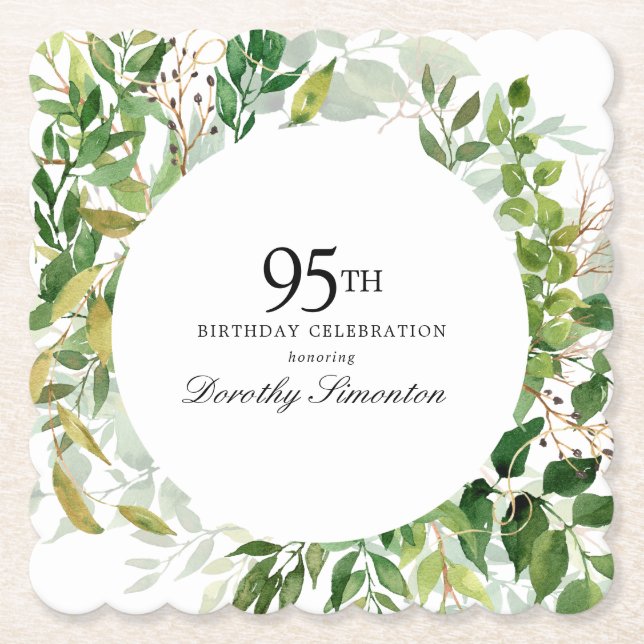 Posavasos De Papel Fiesta de cumpleaños 95 moderno verde botánico (Anverso)