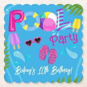 Posavasos De Papel Fiesta de Cumpleaños de Chica de Verano en la Pisc