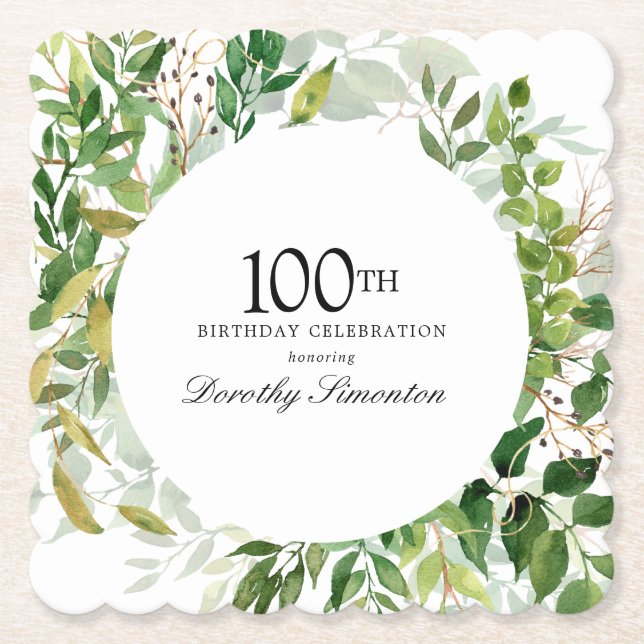 Posavasos De Papel Fiesta de cumpleaños número 100 moderna verde botá (Anverso)
