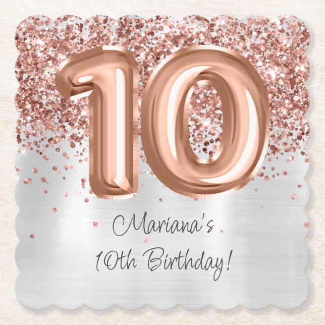 Posavasos De Papel Fiesta de cumpleaños número 10 Rose Gold Silver (Anverso)