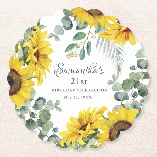 Posavasos De Papel Fiesta de cumpleaños número 21 del girasol (Anverso)