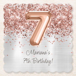 Posavasos De Papel Fiesta de cumpleaños número 7 de Rose Gold Silver