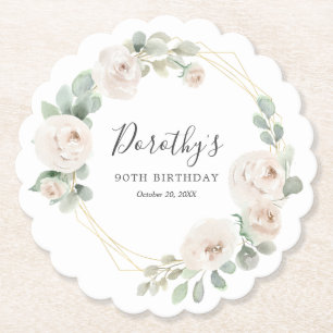 Posavasos De Papel Fiesta de cumpleaños número 90 Rosa Blanca Floral