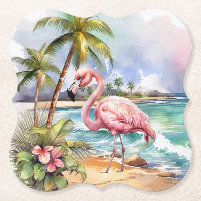 Posavasos De Papel Fiesta de flamencos rosados de playa (Anverso)